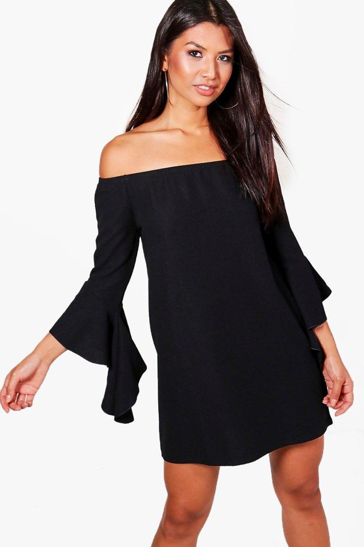 Boohoo Georgia Off Shoulder Waterfall Sleeve Shift Dress Black