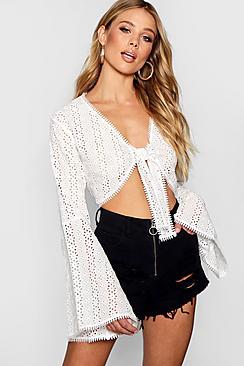Boohoo Flare Sleeved Tie Front Crop