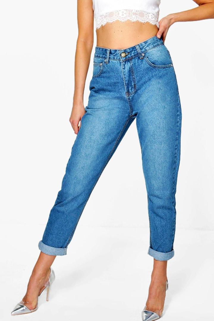 Boohoo Hatty High Rise Mid Wash Boyfriend Jeans Blue