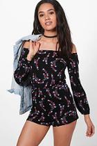 Boohoo Petite Holly Off The Shoulder Oriental Print Playsuit