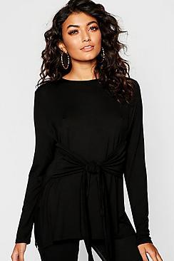 Boohoo Basic Tie Waist Long Sleeve Top
