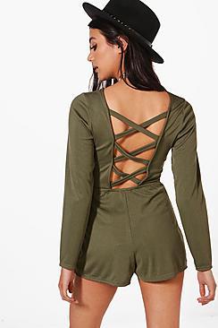 Boohoo Aylin Ribbed Lattice Back Playsuit