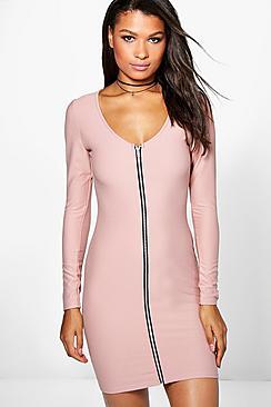 Boohoo Roxy Long Sleeve Zip Through Bodycon Dress