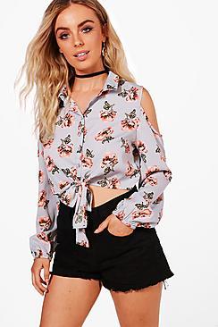 Boohoo Ellie Floral Print Cold Shoulder Cropped Shirt