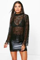 Boohoo Isabella Eyelash Lace High Neck Blouse Black