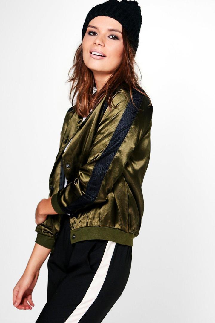 Boohoo Matilda Airtex Trim Satin Bomber Khaki