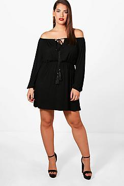 Boohoo Plus Off Shoulder Ruffle Skater Dress