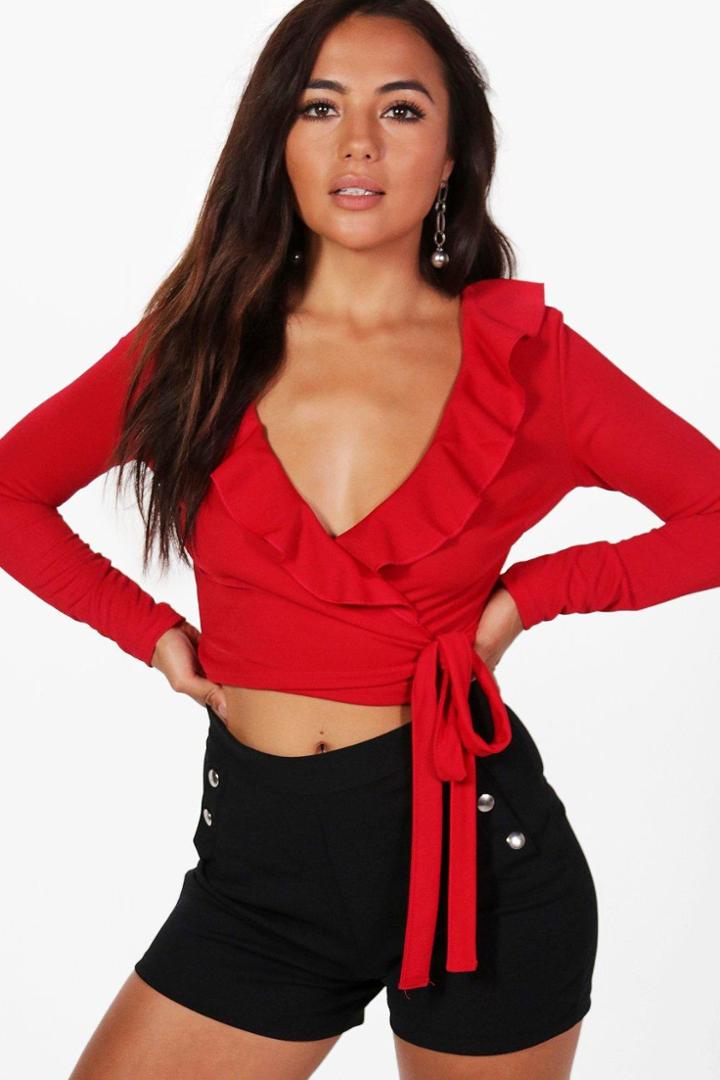 Boohoo Petite Eliza Ruffle Wrap Front Crop Top Red
