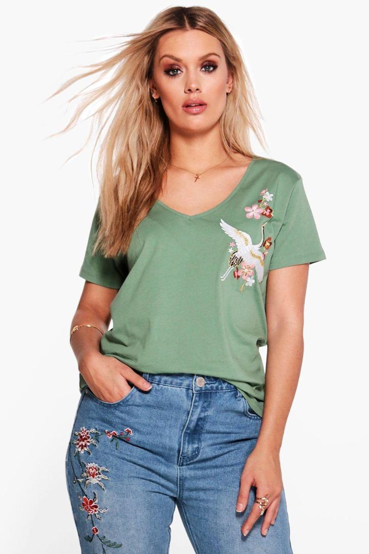 Boohoo Plus Erin Embroidered V Neck Tee Khaki