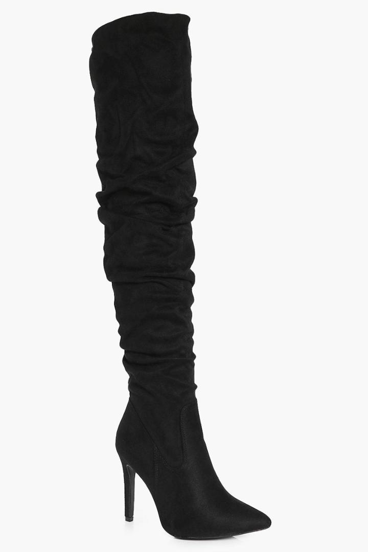 Boohoo Sophie Ruched Suedette Over The Knee Boot Black