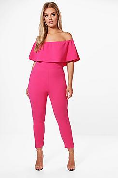 Boohoo Plus Off The Shoulder Ruffle Jumpsuit