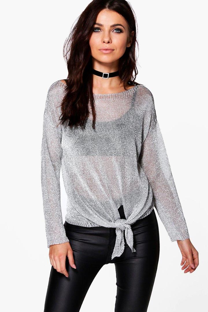Boohoo Matilda Metallic Oversize Jumper With Tie Front Silver