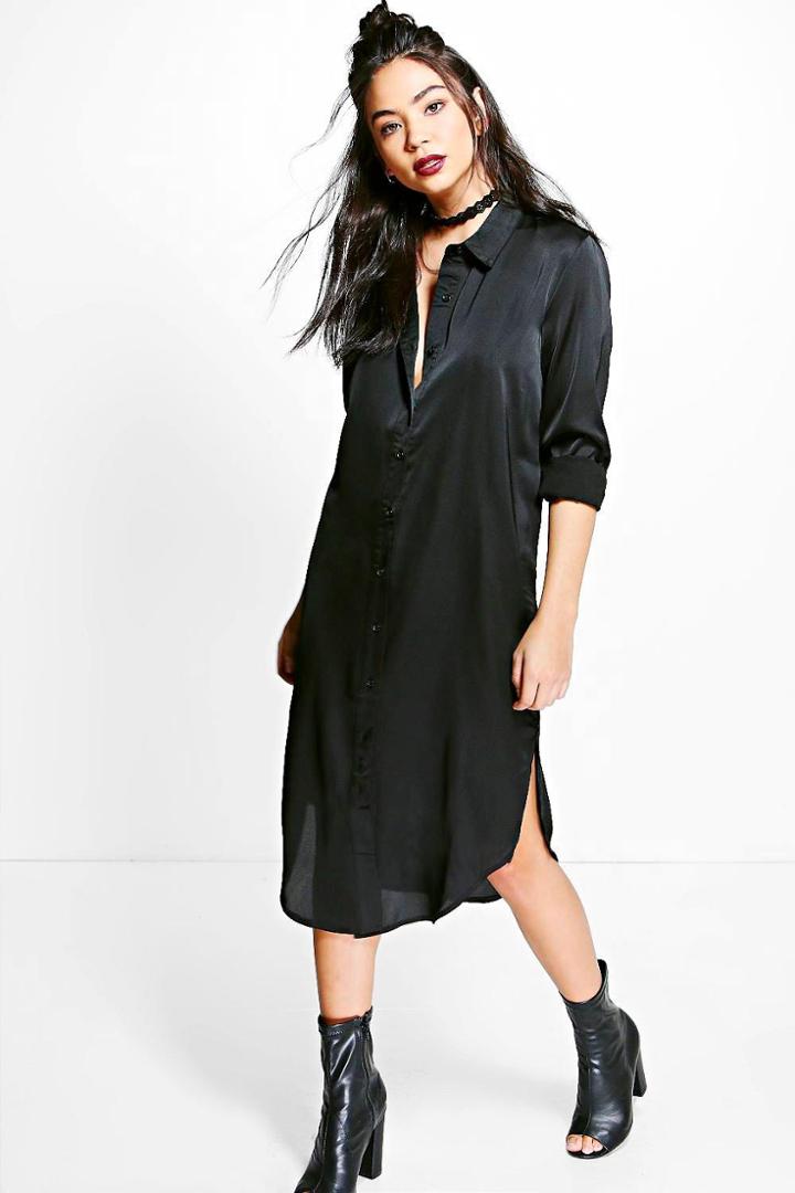 Boohoo Charlie Satin Midi Shirt Dress Black