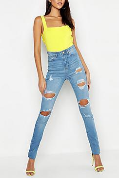 Boohoo Tall One Button Distress High Rise Skinny Jean