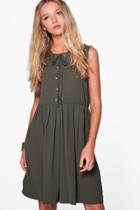 Boohoo Evie Eyelet Detail Sleeveless Shift Dress Olive