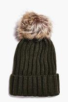 Boohoo Rib Knit Faux Fur Pom Beanie Hat