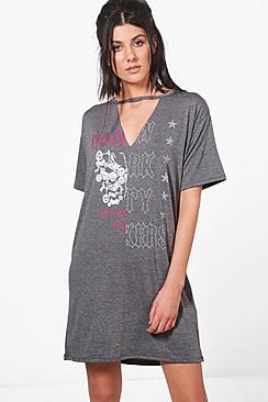 Boohoo Lois Spliced Print Choker T-shirt Dress