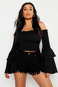 Boohoo Plus Shirred Frill Sleeve Bardot Top