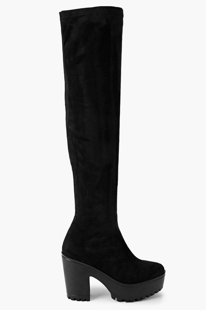 Boohoo Laura Over The Knee Block Heel Cleated Boot Black