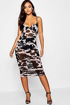 Boohoo Petite Cow Print Ruched Mesh Midi Dress