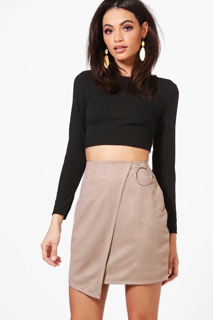 Boohoo Katiah Ring Detail Suedette Asymetric Mini Skirt Taupe