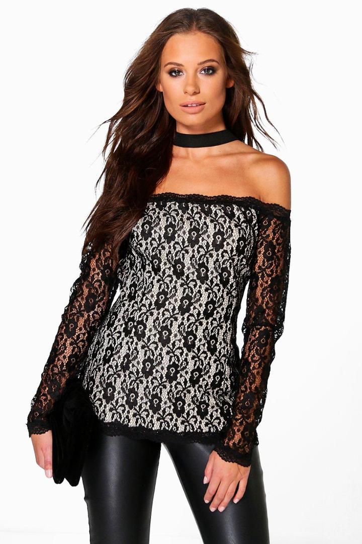 Boohoo Caroline Choker Lace Bardot Top Black