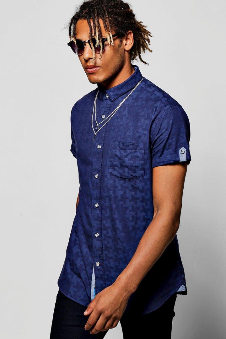 Boohoo Navy Short Sleeve Geo Jacquard Shirt Navy