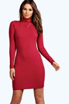 Boohoo Hannah Ribbed High Neck Bodycon Dress Berry