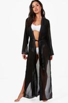 Boohoo Lydia Satin Tie Maxi Beach Kimono Black