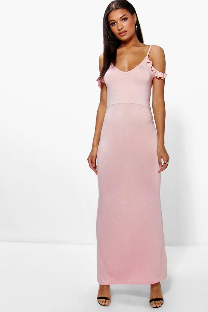 Boohoo Summer Ruffle Cold Shoulder Maxi Dress Nude