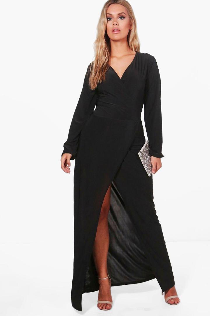 Boohoo Plus Lacey Wrap Front Sunny Maxi Dress Black