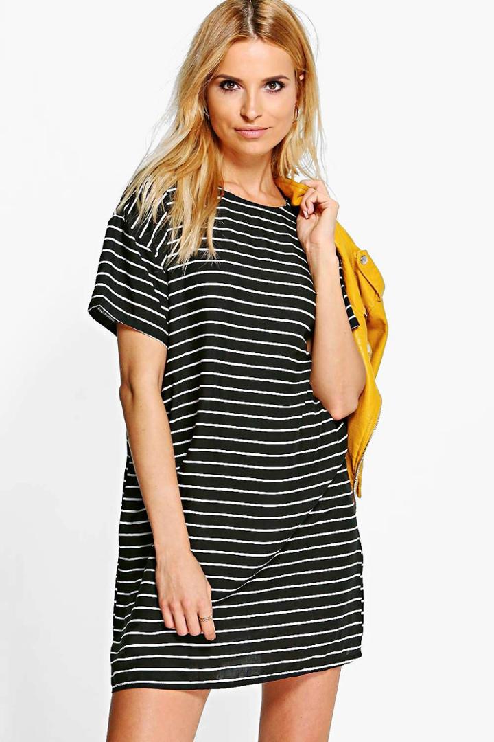 Boohoo Lola Woven Stripe Shift Dress Black