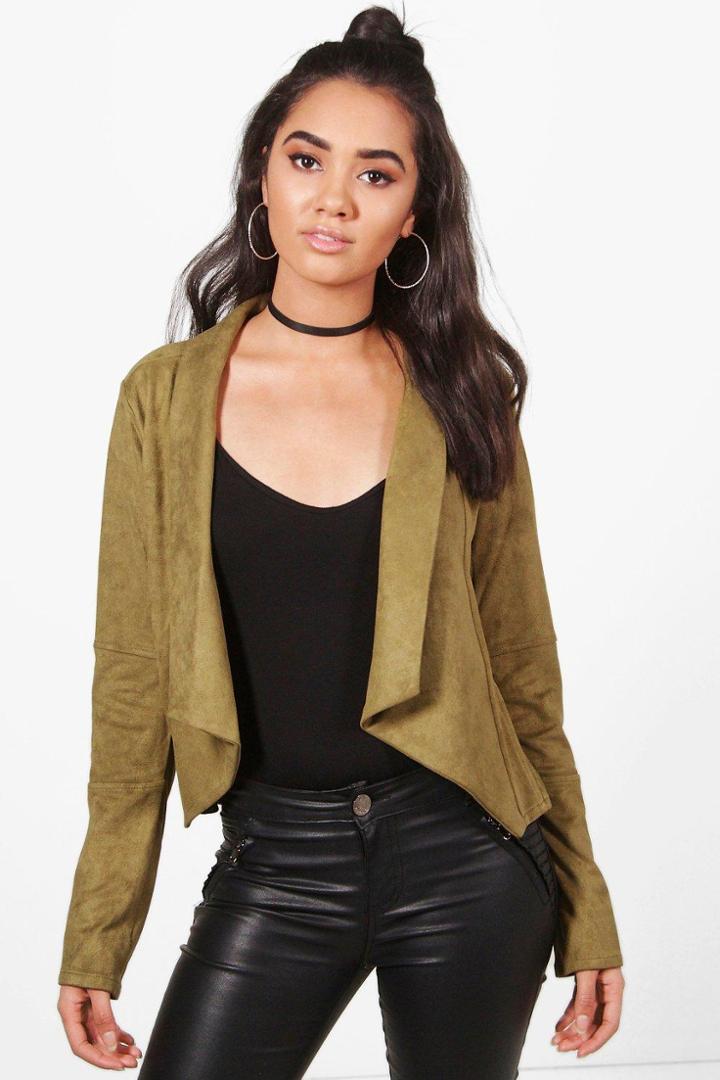 Boohoo Petite Una Waterfall Suedette Biker Khaki