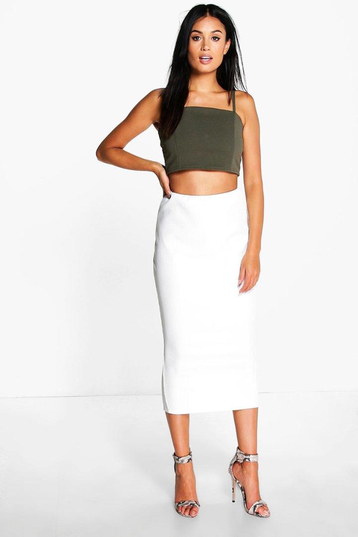 Boohoo Reina Chunky Rib Longer Line Split Back Midi Skirt Ivory