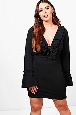 Boohoo Plus Alexia Ruffle Lace Up Bodycon Dress