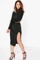 Boohoo Emma Slinkly Roll Neck Crop Wrap Skirt Co-ord Black