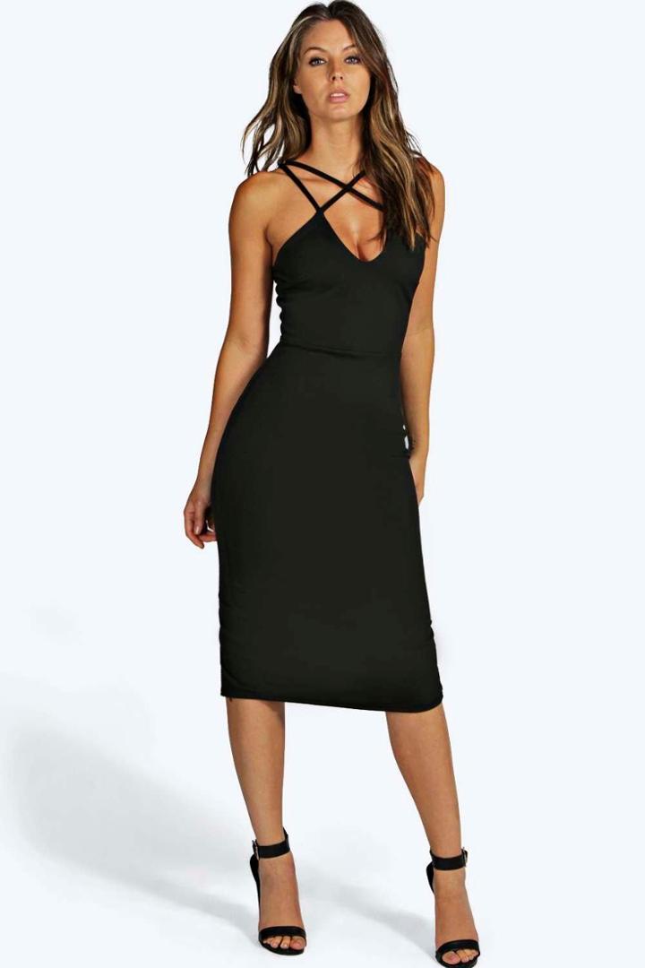 Boohoo Clara Strappy Detail Bodycon Midi Dress Black