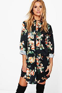 Boohoo Annie Floral Satin Shirt Dress