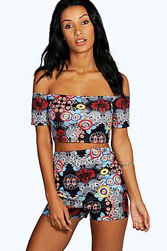 Boohoo Tiffany Short Sleeve Scuba Print Bardot Top