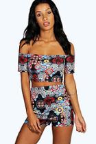 Boohoo Tiffany Short Sleeve Scuba Print Bardot Top