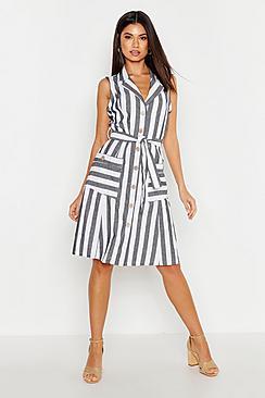 Boohoo Linen Stripe Pocket Button Through Midi Dress