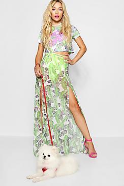 Boohoo Paris Hilton Palm Print Mesh Maxi Skirt