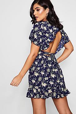 Boohoo Ria Ruffle Open Back Floral Tea Dress