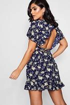 Boohoo Ria Ruffle Open Back Floral Tea Dress