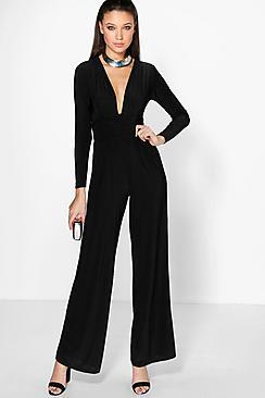 Boohoo Tall Elsa Plunge Slinky Wide Leg Jumpsuit