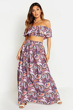 Boohoo Paisley Ruffle Bardot Top & Maxi Skirt Co-ord