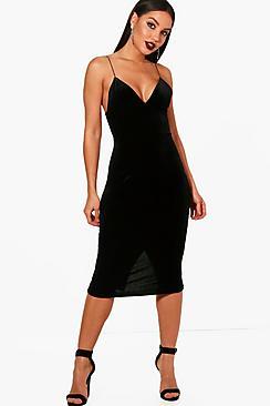 Boohoo Esme Velvet Strappy Seam Detail Midi Dress