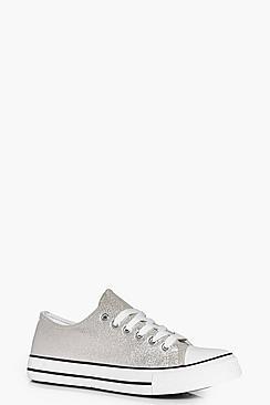 Boohoo Ella Lace Up Metallic Croc Trainer