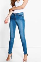 Boohoo Nia Mid Rise Blue Wash Slit Knee Skinny Jeans Blue