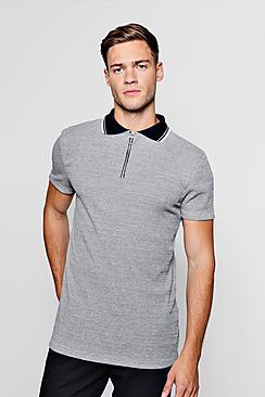 Boohoo Slim Fit Marl Ribbed Polo With Contrast Collar